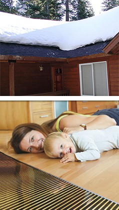 Roof de-icing system heating roof eaves and a floor heating system.